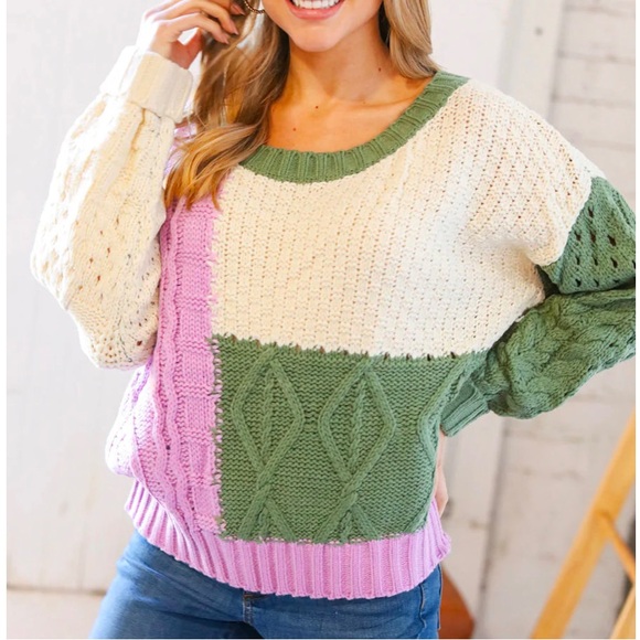 NWT Entro Colorblock Cable knit crewneck Sweater - Picture 3 of 10